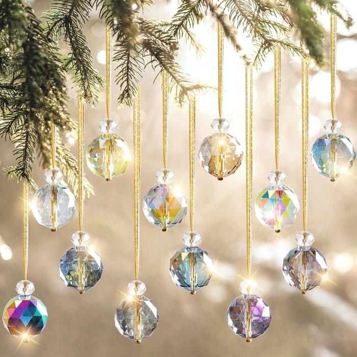 Lot de 12 boules de Noël en cristal multicolores ornements de Noël en verre boule prismatique vintage style 1
