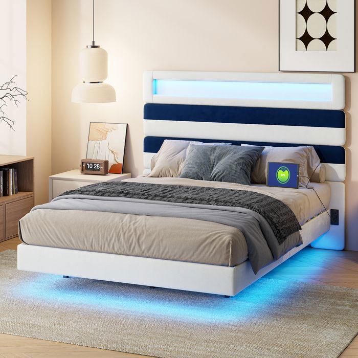 Lit adulte 140x190 cm avec LED lit 140x190 cm avec sommier à lattes Lit double ports USB et Type C tissu en velours blanc