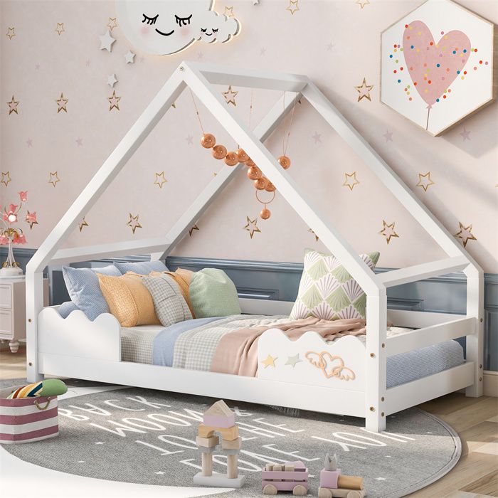 Lit Cabane Enfant 70x140 Cm - Bois De Pin Blanc - Avec 2 Tiroirs Et Protection Antichute