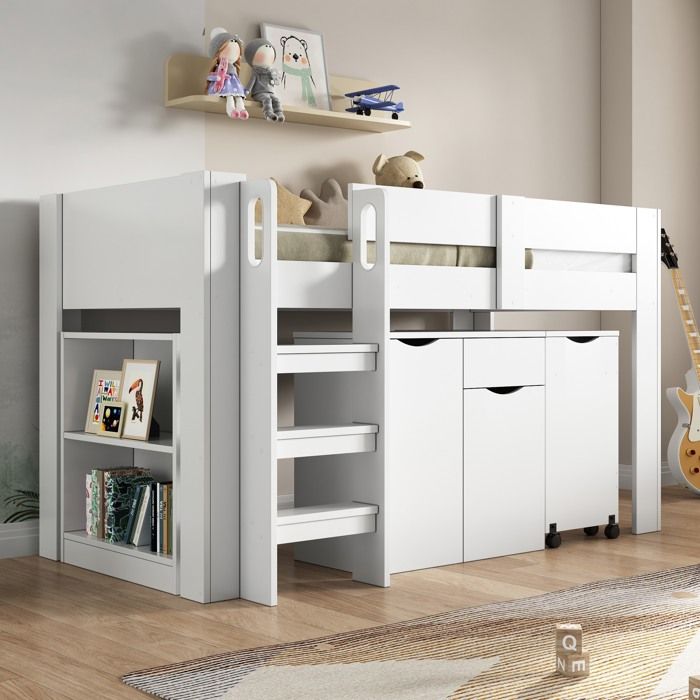Lit Mezzanine Enfant 90x200cm Avec Toboggan Et Tableau Noir - Cadre Bois Massif, échelle, Espace De Jeu Dessous, Gris, Capacité 120kg