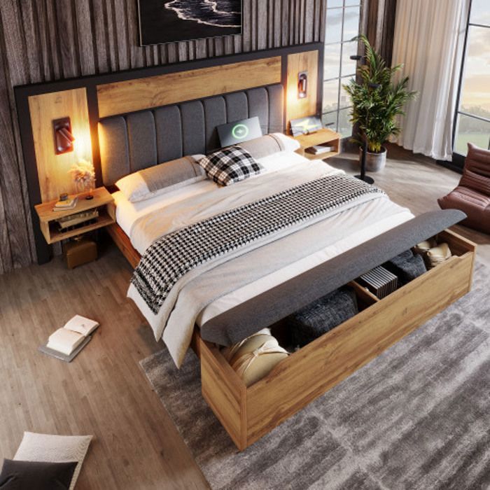 Lit double 180x200 cm Lit adulte Ensemble lit avec lampe de lecture table de nuit USB-C et banquette Sommier lattes bois Chêne