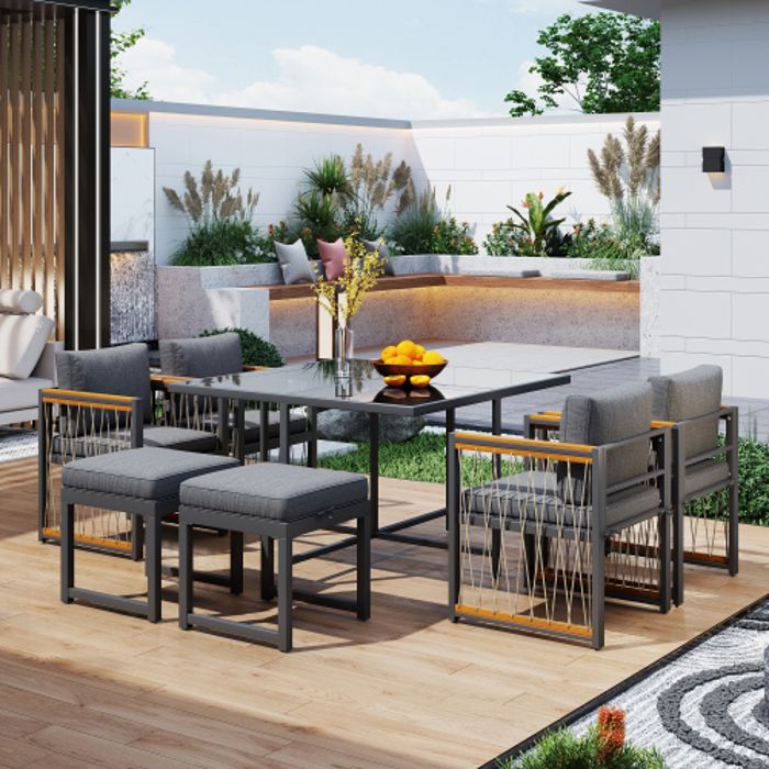 Salon de jardinSet de 7 tables et chaises dextérieur pour 6 personnes table verre trempé rotin PE Plaque acacia