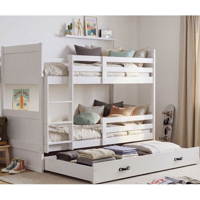 Lit superposé Séparable 90x190 cm RICO Blanc – Bois massif de pin 2 lits simples Barrière de sécurité Sommiers & Tiroir inclus