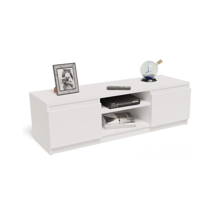 Meuble TV Blanc - Banc TV Table TV avec 2 portes et 2 étagères - 120 x 40 x 36 cm
