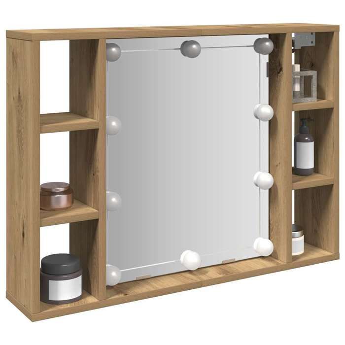 Solde dautomneArmoire à miroir - RUIGOU - Placard de Rangement avec LED chêne artisanal 76x15x55cm LEM94414