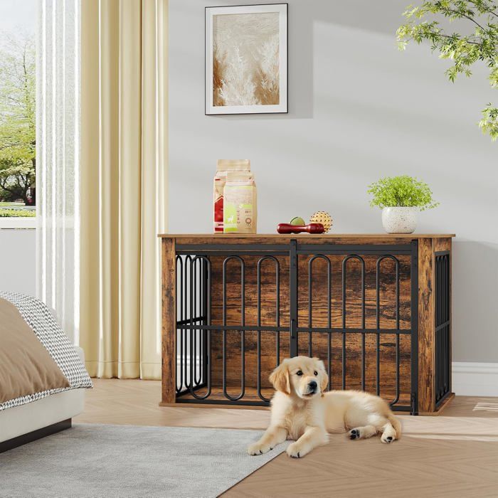 Meilleurs prix pour Cage pour Chien pour la Maison avec Porte Coulissante 2 Portes pour Chiens de Petite et Moyen Moderne Marron 60 × 100 × 624
