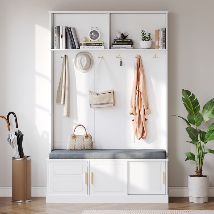 Meuble entree avec banc et Meuble a chaussures Vestiaire dentrée avec 6 crochets triples Blanc 120 × 40 × 191 cm