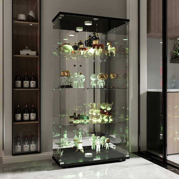 Vitrine en Verre MiroirVitrine Armoire pour Collection avec PortesÉclairage LED2 portes 4 étagesetet Serrure81×36×166cmNoir
