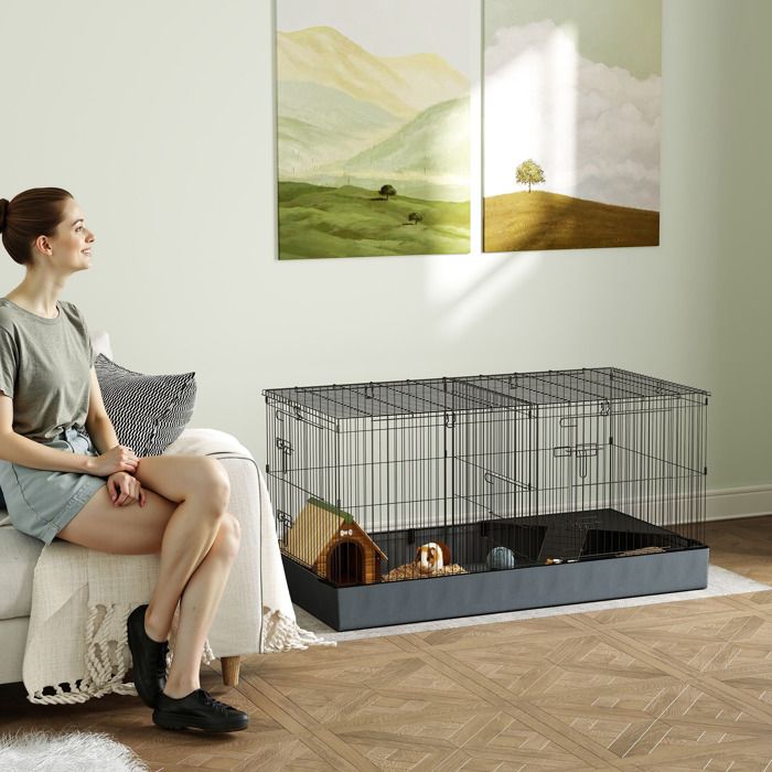 Meilleurs prix pour Cage pour petits animaux 2 en 1 avec dessus amovible enclos lapin 2 zones séparées rampe 121 x 61 x 61 cm en acier noir
