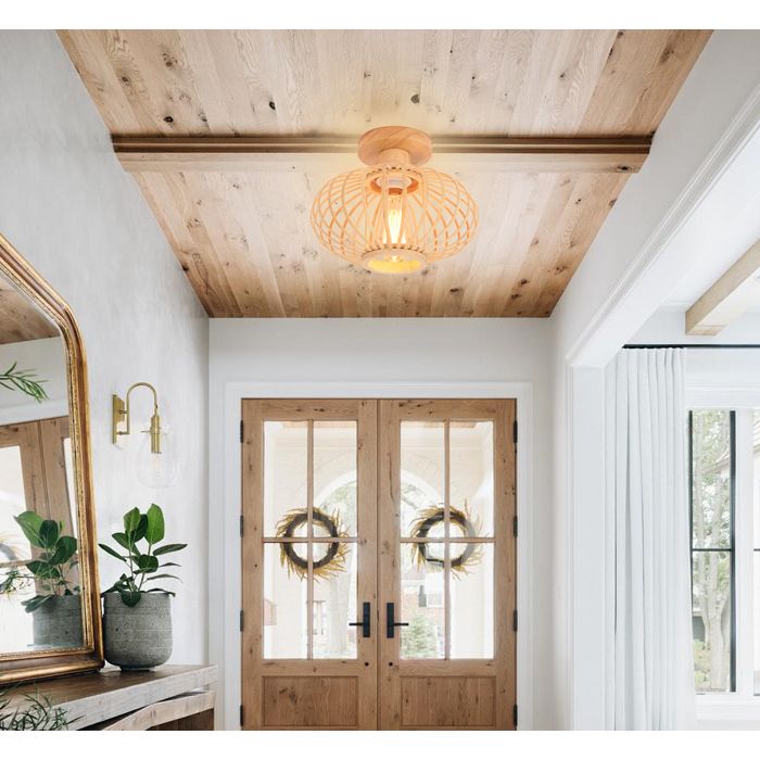 iDEGU Plafonnier en Cage Lustre Boho Lampe de Plafond Abat-jour en Bambou et Bois Rétro Ø25cm Design Lanterne pour Salon Chambre
