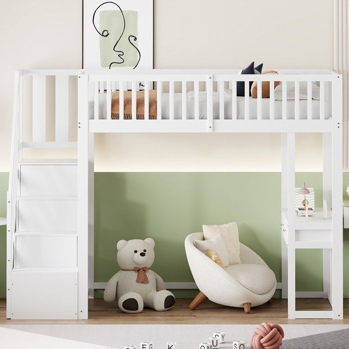 Lit mezzanine enfant 90x200 blanc avec bureau échelle rangement et cadre pin massif - Idéal chambre ado - sans Matelas