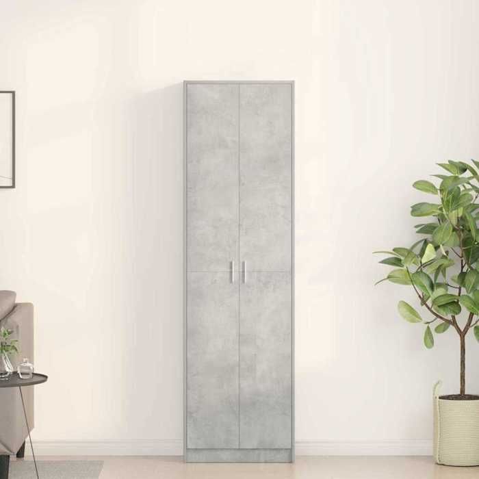 Armoire Gris béton style contemporain en bois dingénierie 55x25x189 cm 2 portes 5 étagères pour chambre et dressing