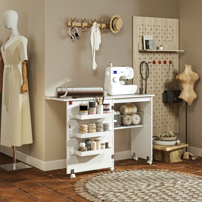 Table de couture pliante meuble couture à abattant avec bacs de rangement étagère ouverte et roulettes blanc