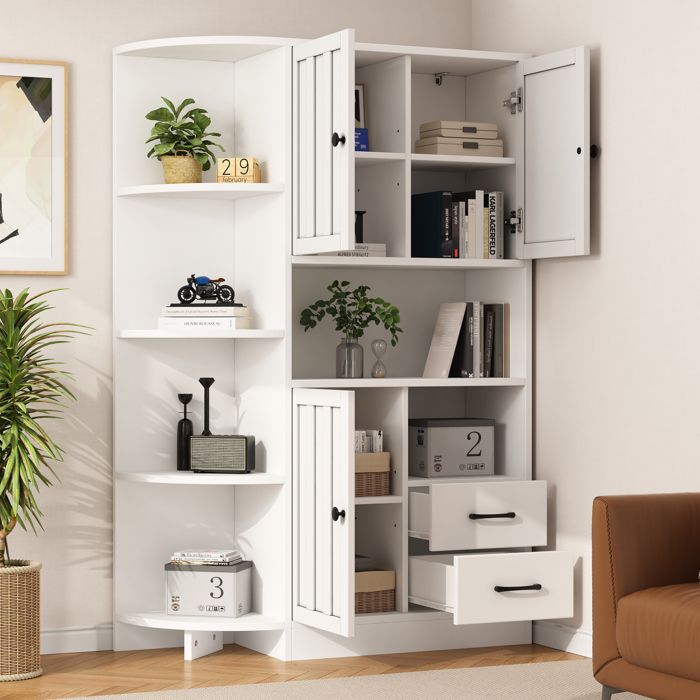104*35*155cm armoires de coin vitrine salon avec 3 placards + 2 tiroirs salon-bibliothèques haute armoire et highboard avec au