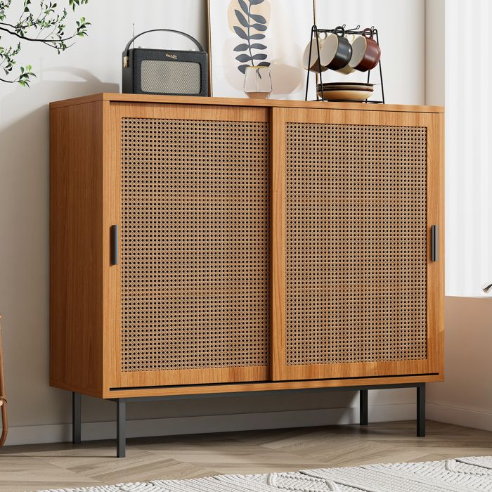Buffet 100×37×90 cm en panneaux de particules portes coulissantes en rotin couleur noyer — style campagne