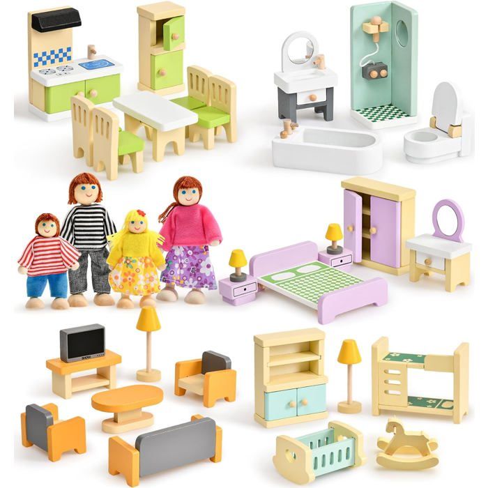 Kit Maison De Poupée Atoylink – 36 Meubles En Bois De Hêtre Et Plastique, 5 Pièces, 4 Poupées, Dès 3 Ans