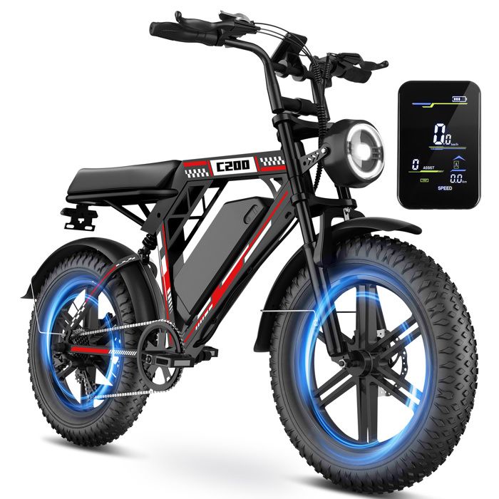 OOKTEK Vélo électrique 1000W 20-48V 175AH-Fat bike tout terrain-50KM/h-150kg-Vtt électrique adulte Suspension intégrale-C200 Noir