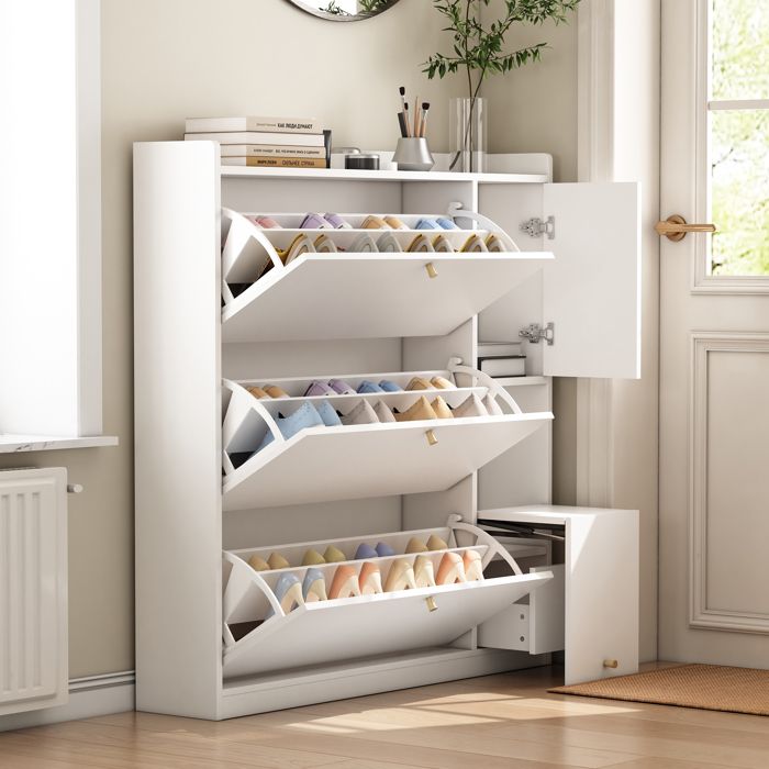 Armoire à chaussures basculante - RNCYN - 3 tiroirs pliants - Organiseur dentrée - Banc rabattable - Blanc