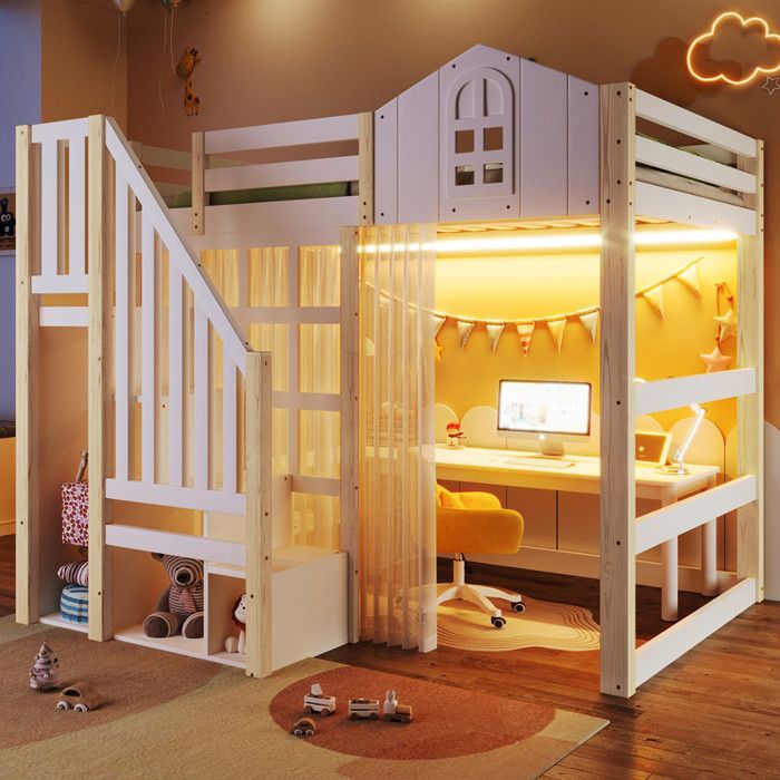 Lit mezzanine 140x200cm avec lumières LED Forme de fenêtre échelle de rangement compartiment de rangement ouvert Gaze blanc + nature