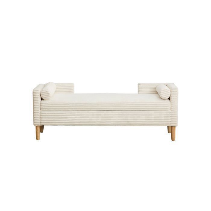 Banquette Coffre Scandinave en Velours Côtelé blanc - Banc de Rangement Rayé avec Structure en Bois Massif - 152x53.5x58cm