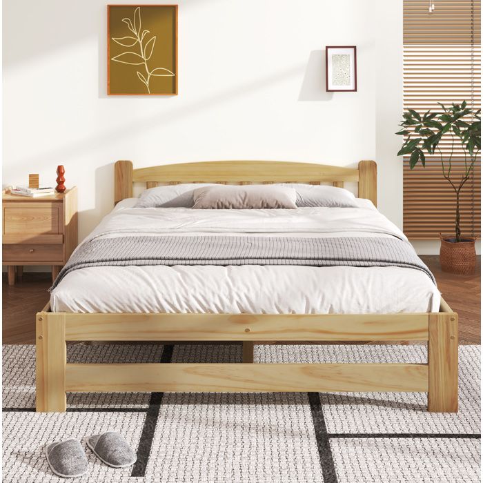 Lit adulte 140x200 cm en bois avec tête de lit et sommier à lattes structure stable finition naturelle