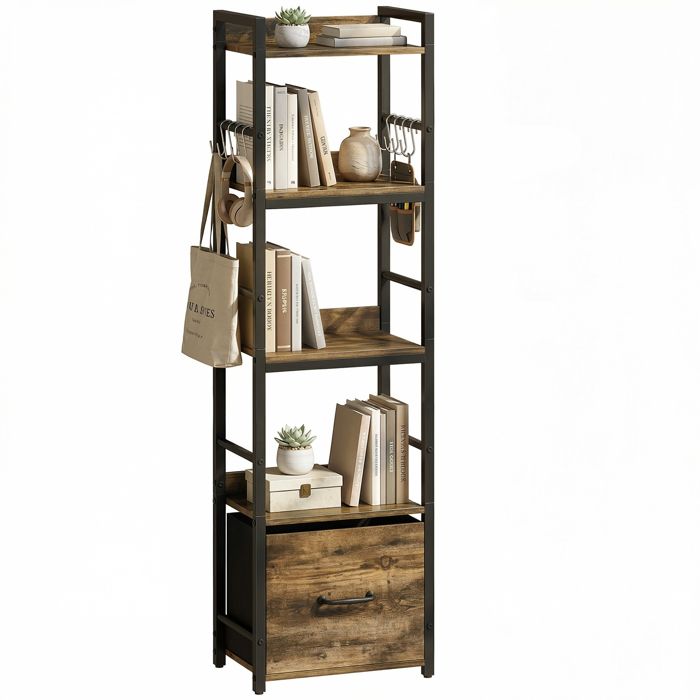 Bibliothèque - HOMCOM - 4 niveaux et tiroir - 8 crochets - cadre en métal - 39x26x1365cm - brun rustique