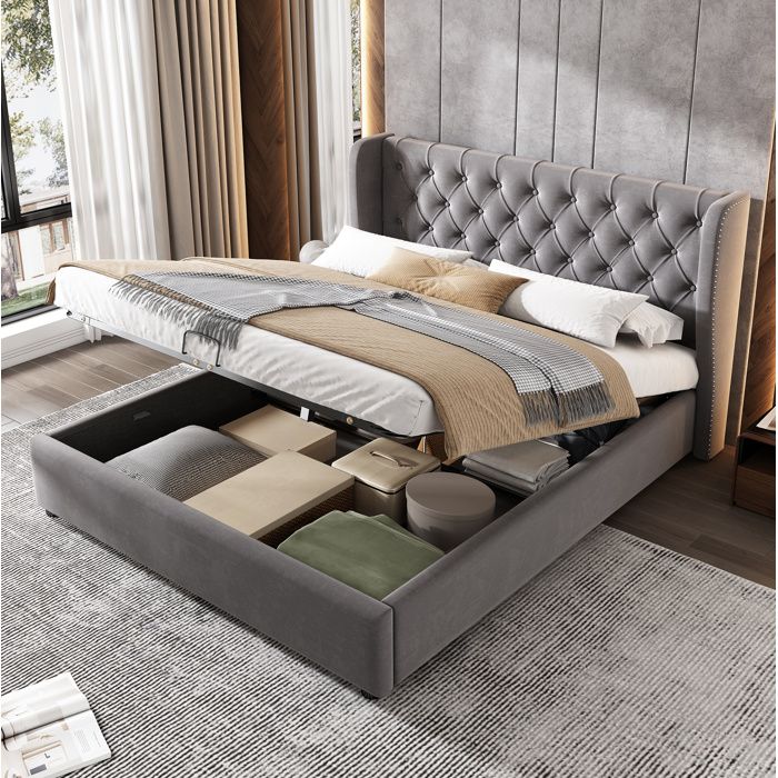 Lit coffre 140x190 cm lit adulte avec rangement sommier à lattes tête de lit rembourrée velours gris
