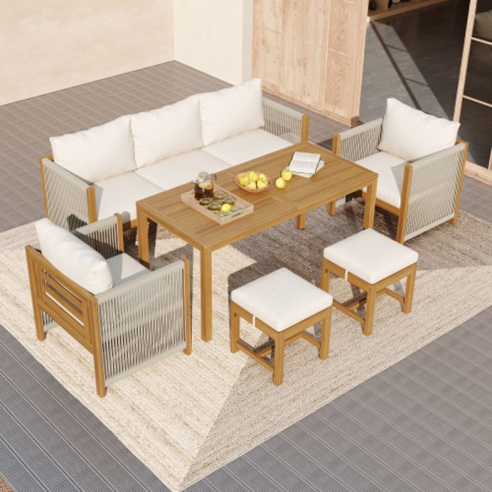 Salon de jardin en acacia : ensemble de meubles extérieurs (6 places) avec canapé dangle 2 canapés individuels 2 hockern et tab O