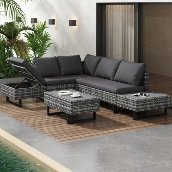 Salon de jardin extérieur - O.Ye - Modulable - 4-5 places - Dossier inclinable 5 Gris dégradé (pieds noirs a VAPORISATEUR DE SALON