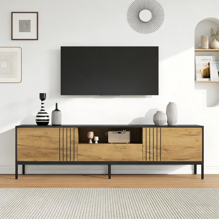 Meuble TV bas 170x35x50 cm avec 2 placards et 1 tiroir pour téléviseur jusqu’à 70 pouces - Panneaux de particules - Bois et noir