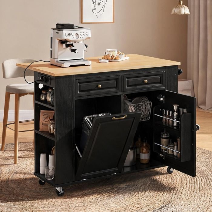 Îlot de cuisine mobile extensible en MDF noir et naturel avec prises 120 x 40-70 x 92 cm
