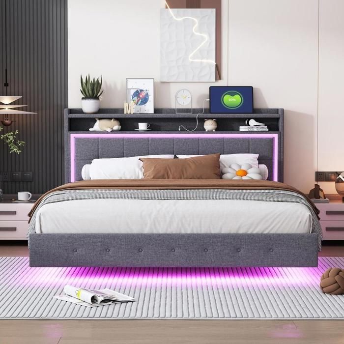 Lit rembourré - KOMHTOM - KOMHTOM - 160x200 - Lin gris - LED intégré Lit rembourré - KOMHTOM - KOMHTOM - 160x200 - Lin gris - LED intégré