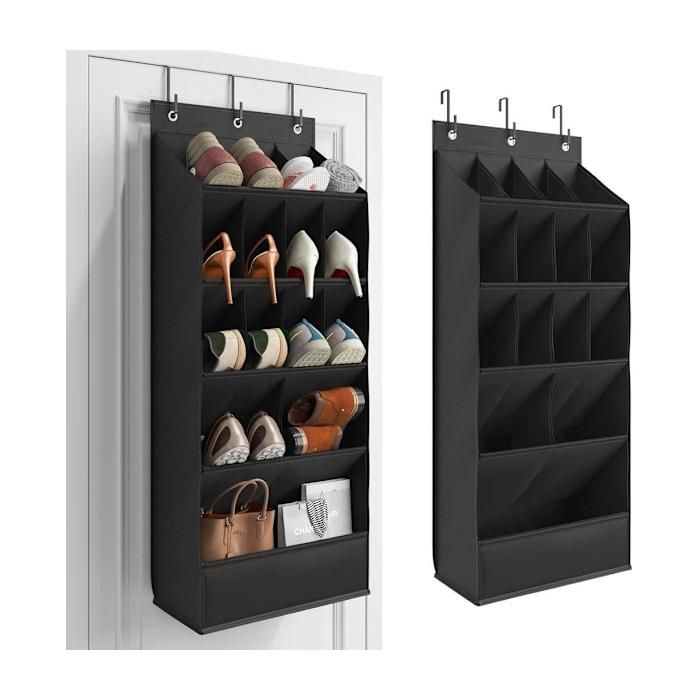 Organisateur à chaussures suspendu 15 poches 3 crochets rangement porte mural noir