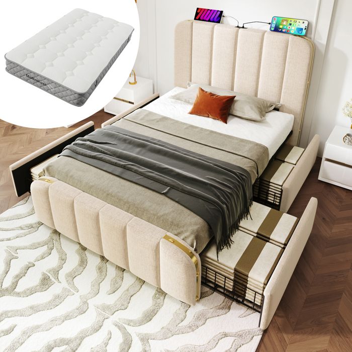 Lit rembourré - KOMHTOM - 90x200 cm - Matelas 7 zones - Ports USB Type-C - 4 tiroirs