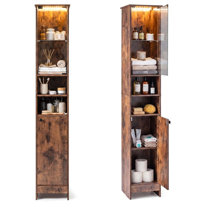 COSTWAY Colonne de Salle de Bain 170cm avec LED Porte Verre Étagères Réglables & Compartiments pour Salle de Bain Cuisine Marron