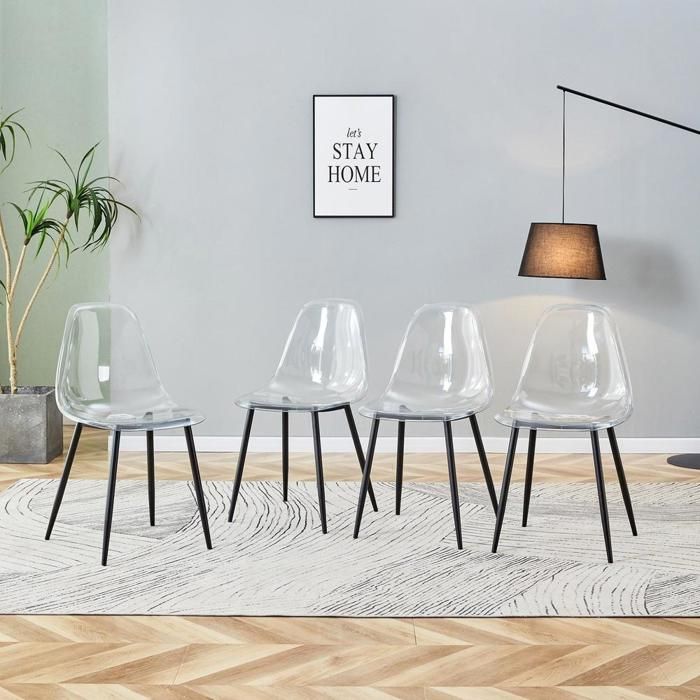 Chaise de salle à manger - KOMHTOM - Lot de 4 - Transparent - Pieds métal noir - Antidérapant Chaise de salle à manger - KOMHTOM - Lot de 4 - Transparent - Pieds métal noir - Antidérapant