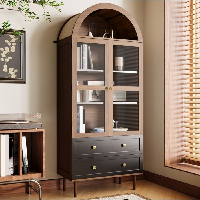 ELVORIN Buffet rétro à portes vitrées 70 x 38 x 165 cm bois noyer étagères réglables salon