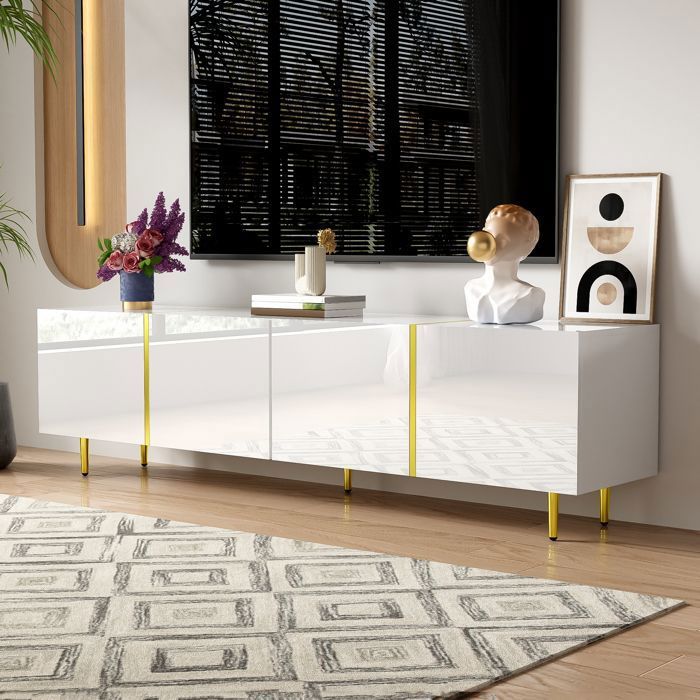 Meuble TV 170 cm Blanc Laqué Banc TV Moderne 4 Portes avec Détails Dorés et Rangement – Norevia