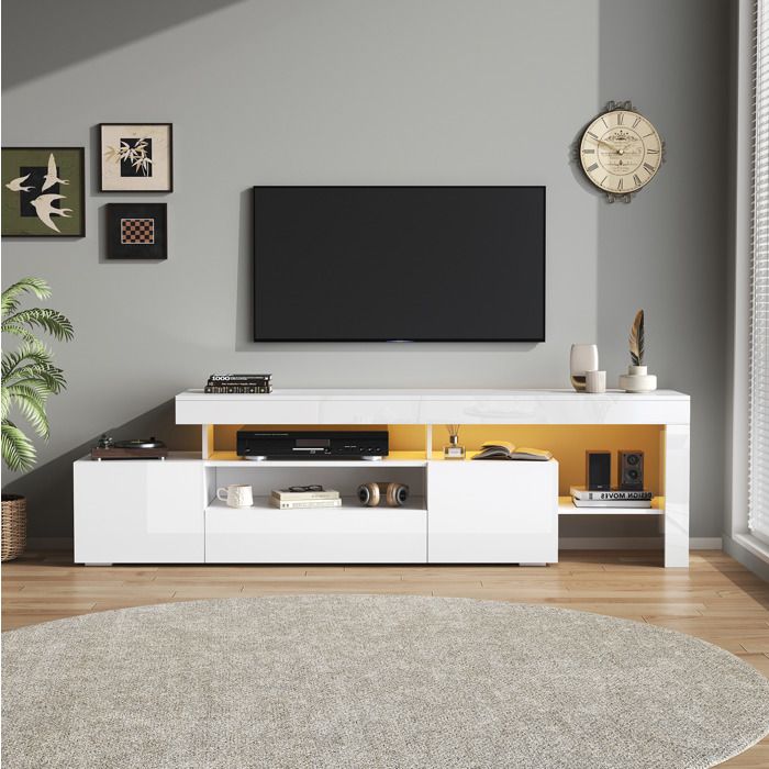 ROVRYN Meuble TV 192 cm blanc brillant avec LED 3 portes abattantes pour téléviseur jusqu’à 85 pouces