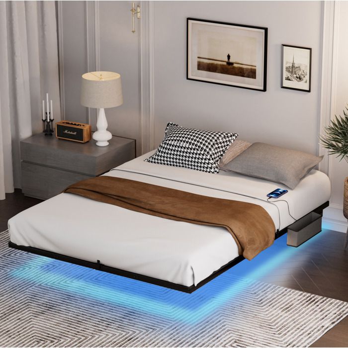 WOVREO Sommier 160 x 200 cm à lattes métalliques avec LED ports USB et USB-C noir