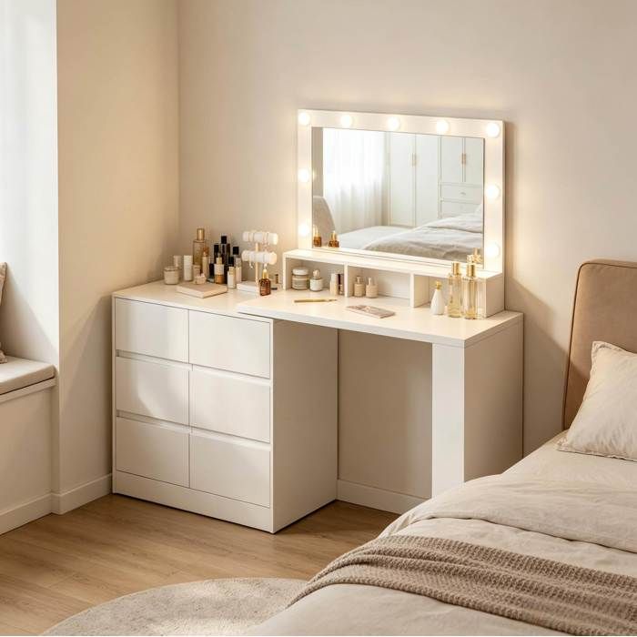 Coiffeuse EVRYAE avec miroir LED rectangulaire 90 x 40 x 134 5 cm 6 tiroirs modulable droite ou en L blanc