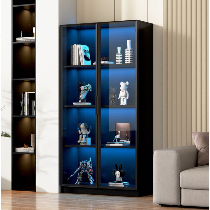 Vitrine 2 Portes En Verre Avec Cadre En Aluminium Éclairage LED Contrôlé Par Application 80 x 40 x 160 cm Noire Sur Pied