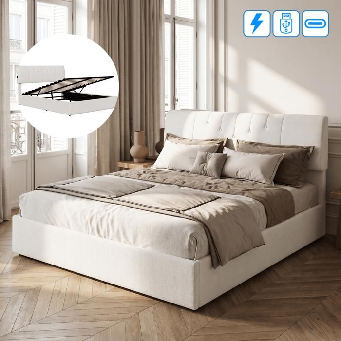 Lit coffre 160x200cm avec ports USB Lit capitonné 160x200 avec tête de lit réglable et rangement Sommier à lattes Velours Blanc
