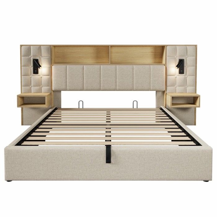 Lit double rembourré lin beige 160x200 LED USB-C tables chevet intégrées coffre rangement sommier lattes sans matelas Lit double rembourré lin beige 160x200 LED USB-C tables chevet intégrées coffre rangement sommier lattes sans matelas
