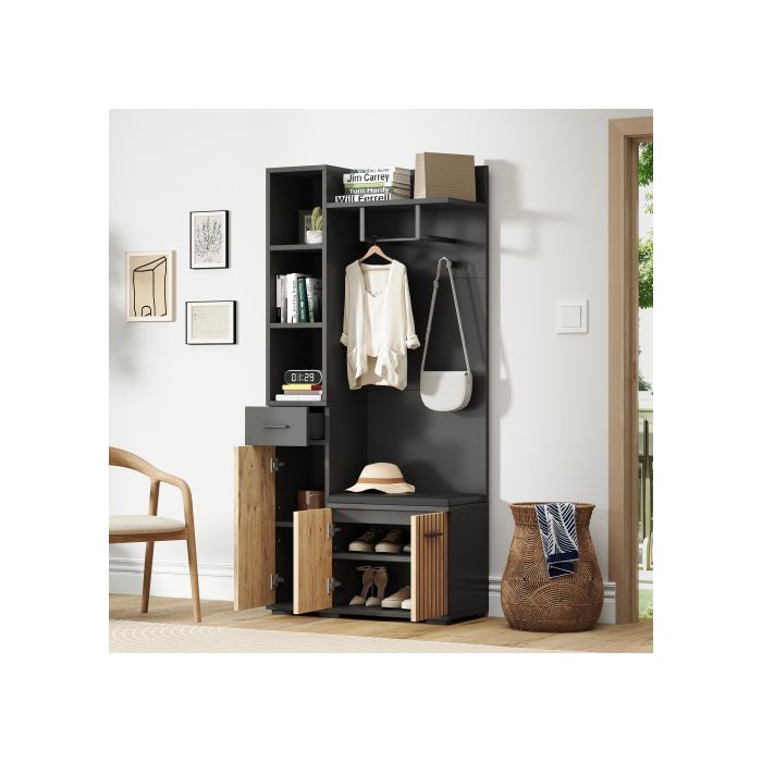 Porte‑manteau 7‑en‑1 avec banc rangement chaussures 2 armoires réglables et tiroir – compact 80×35×175 cm noir/bois