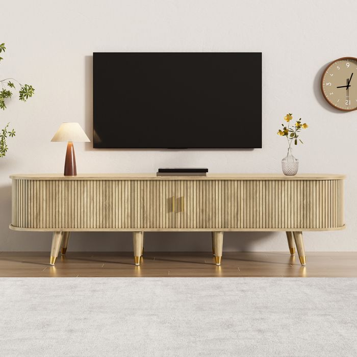 Meuble TV 175x38x45 cm LEMLIT Banc TV Salon Portes Coulissantes Tiroirs Niches Ouvertes Passe-Câbles Style Campagne - Chêne