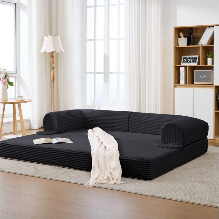 WOVREO Canapé-lit convertible 2 places 190 x 156 cm tissu côtelé noir avec accoudoirs futon au sol