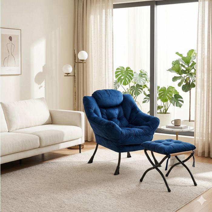 JOINERY fauteuil relax salon avec repose pieds pliable accoudoirs rembourrés poche latérale tissu métal bleu foncé