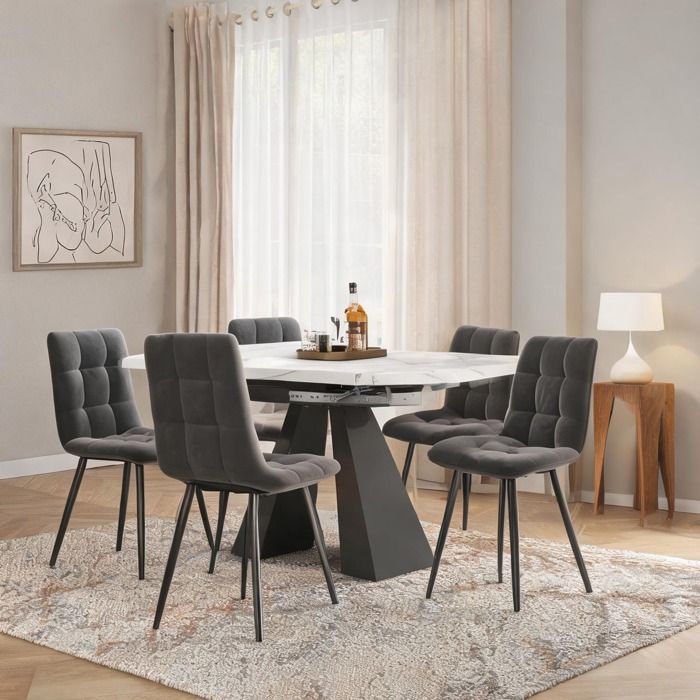 Ensemble table à rallonge et 4 chaises velours gris - Design contemporain effet marbre - 160 cm