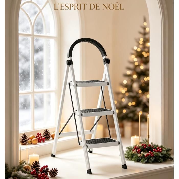 Escabeau pliant fer 150 kg en cadre fer robuste marche antidérapant escabeau portable gain de place pour intérieur blanc